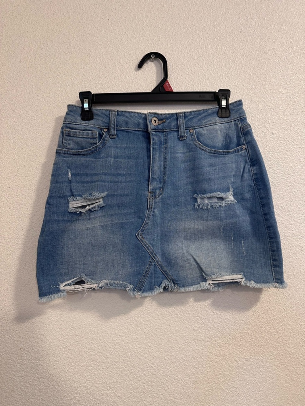 Wax Jean Light Blue Distressed Denim Mini Skirt